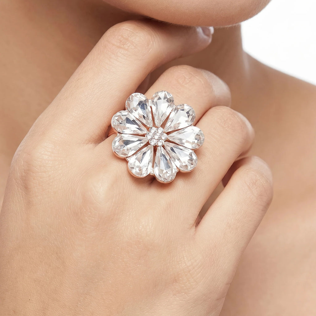 AYMI Ring Anti-Tarnish Clear Floral Crystal (Adjustable Size)