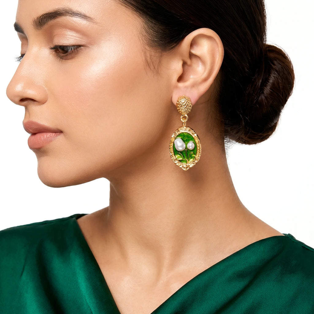 AYMI Earrings Anti-Tarnish Green Leaf Pearl Dangles