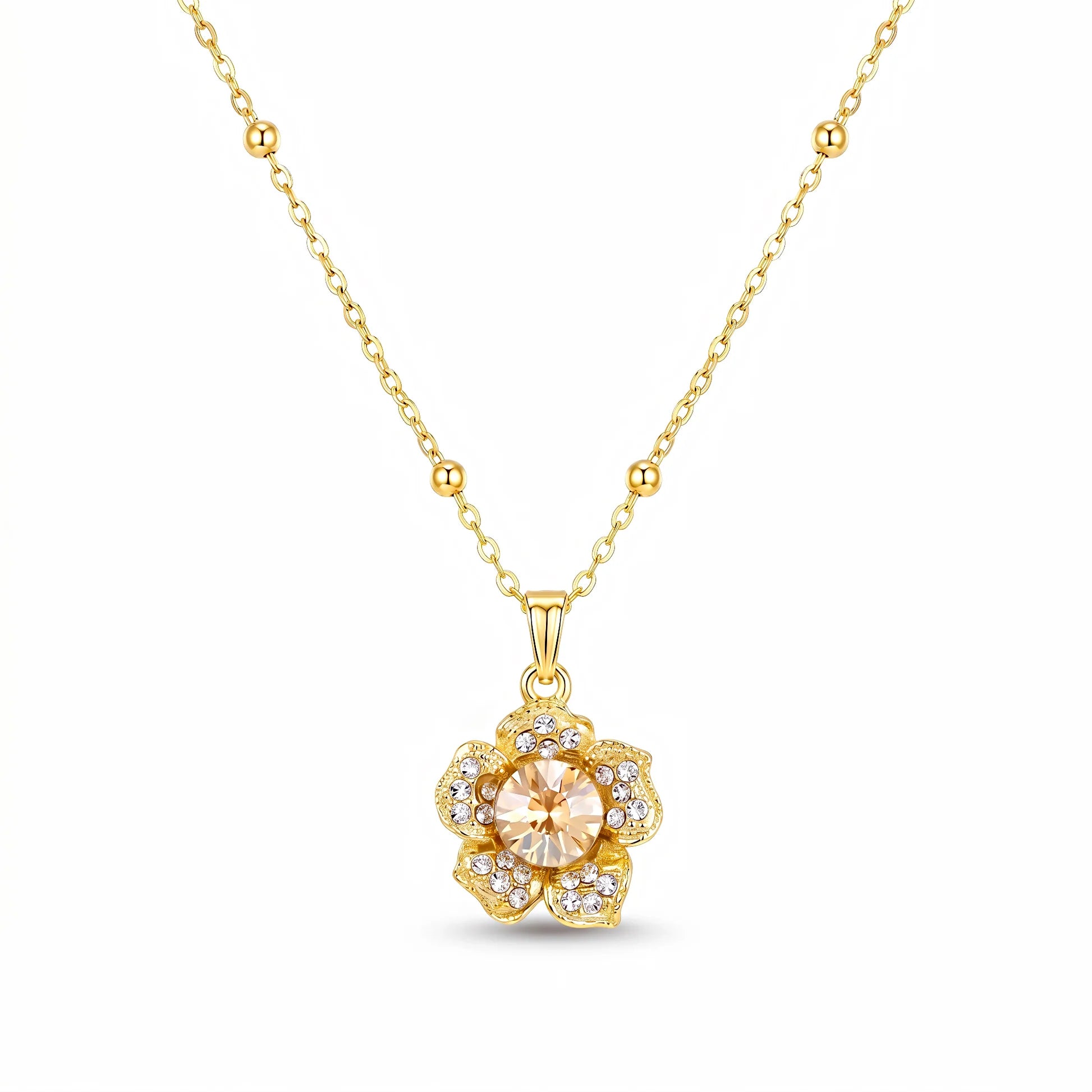AYMI Necklace Anti-Tarnish Champagne Crystal Flower Minimalist Pendant