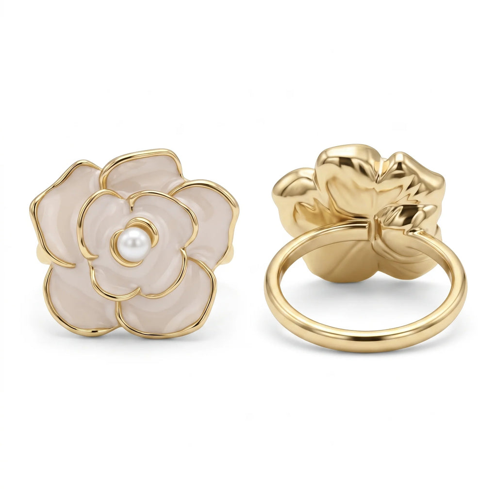 AYMI Ring Anti-Tarnish Enamel Flower Pearl (Adjustable Size)