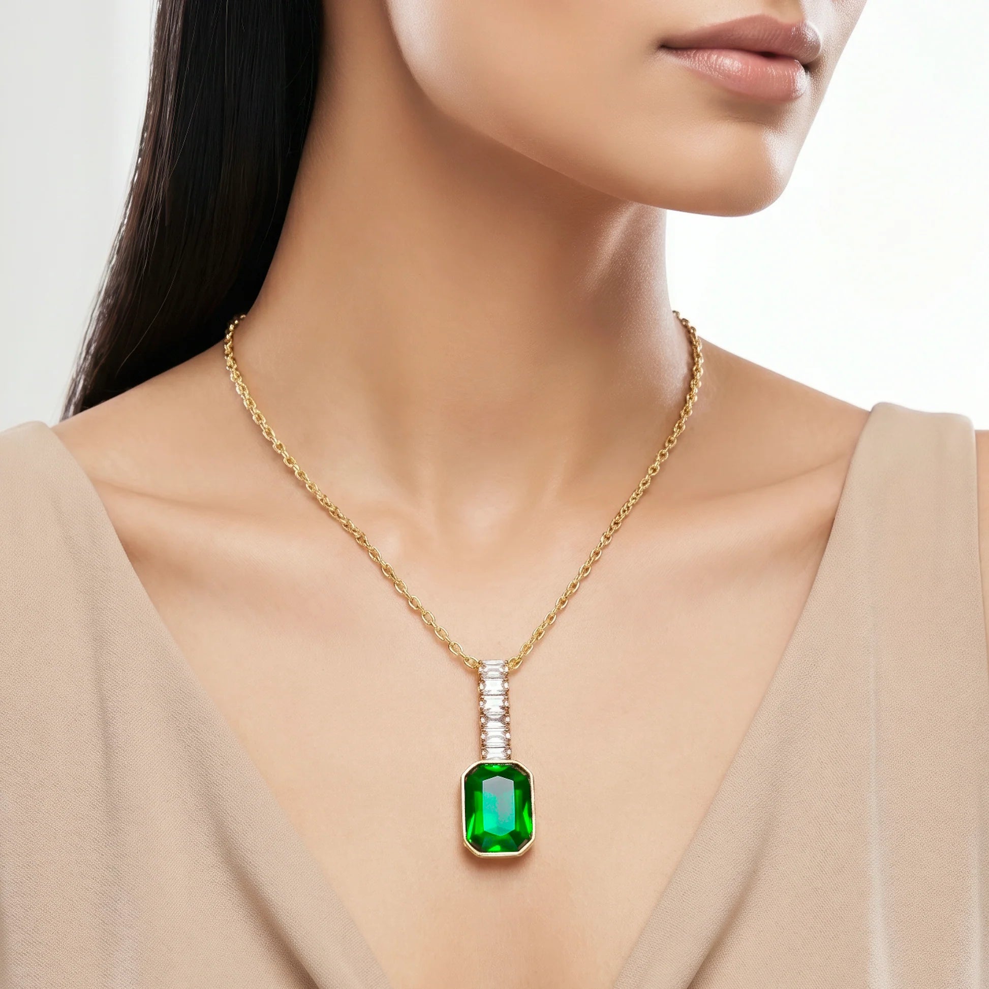 AYMI Necklace Anti-Tarnish Baguette Chain & Emerald Crystal Pendant