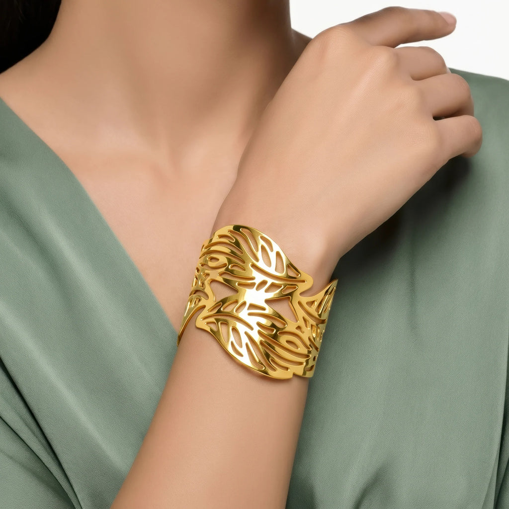 AYMI Bracelet Anti-Tarnish Botanical Cutout Cuff (Adjustable Size)