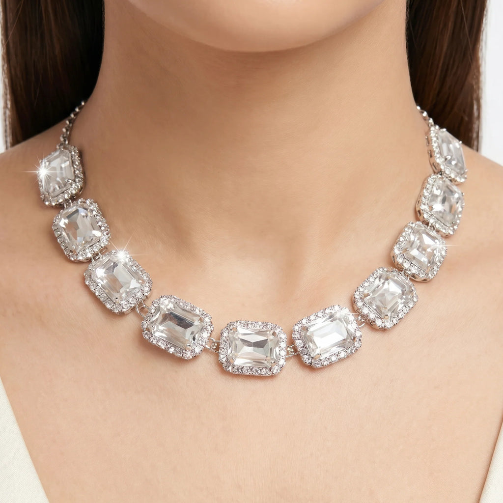 AYMI Necklace Anti-Tarnish Single-Line Rectangle Crystal Set With Earrings