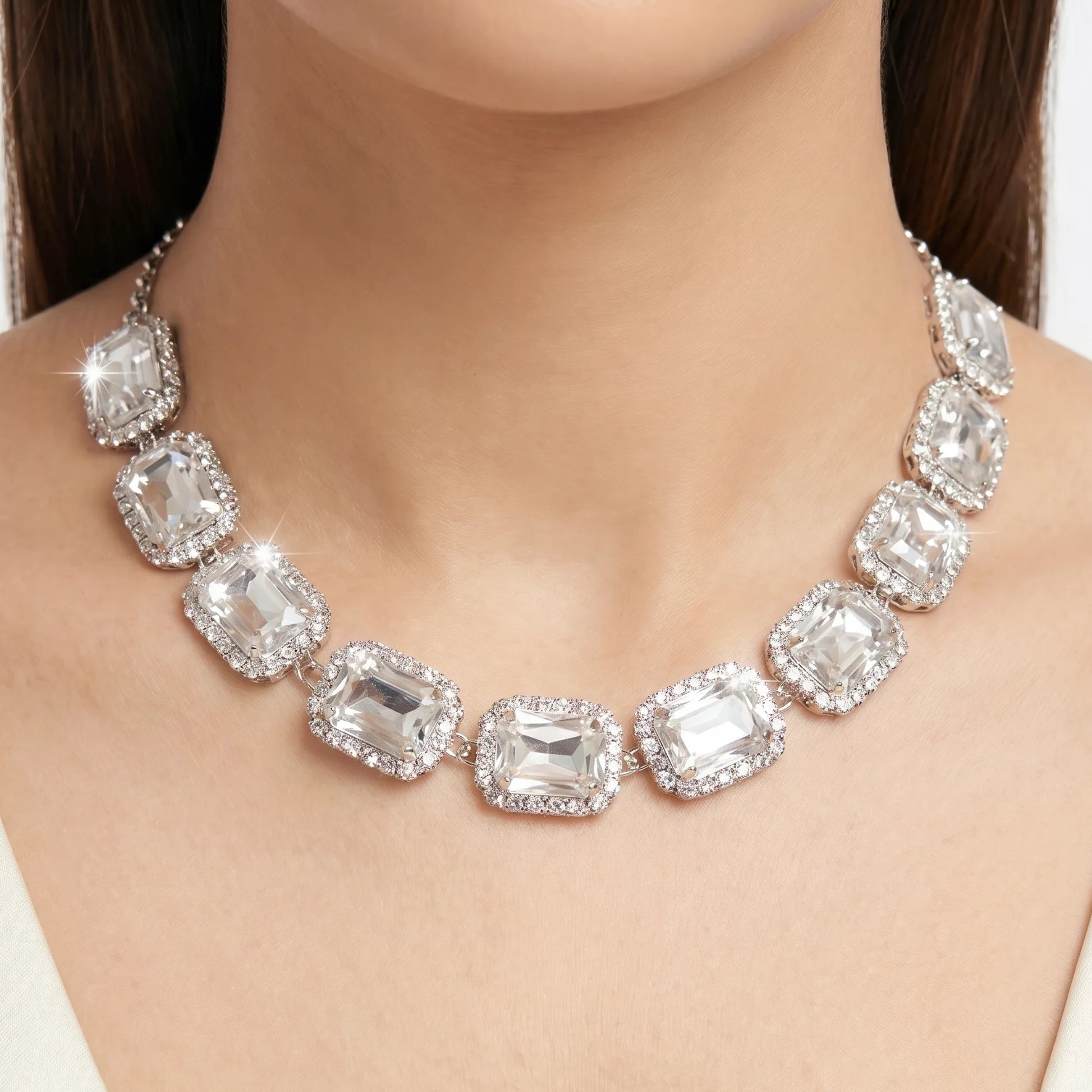AYMI Necklace Anti-Tarnish Single-Line Rectangle Crystal Set With Earrings
