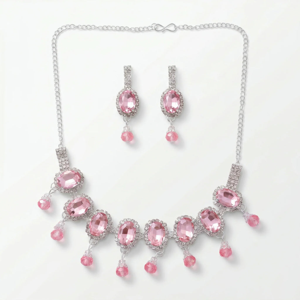 AYMI Necklace Anti-Tarnish Oval Pink Gemstone Set With Earrings
