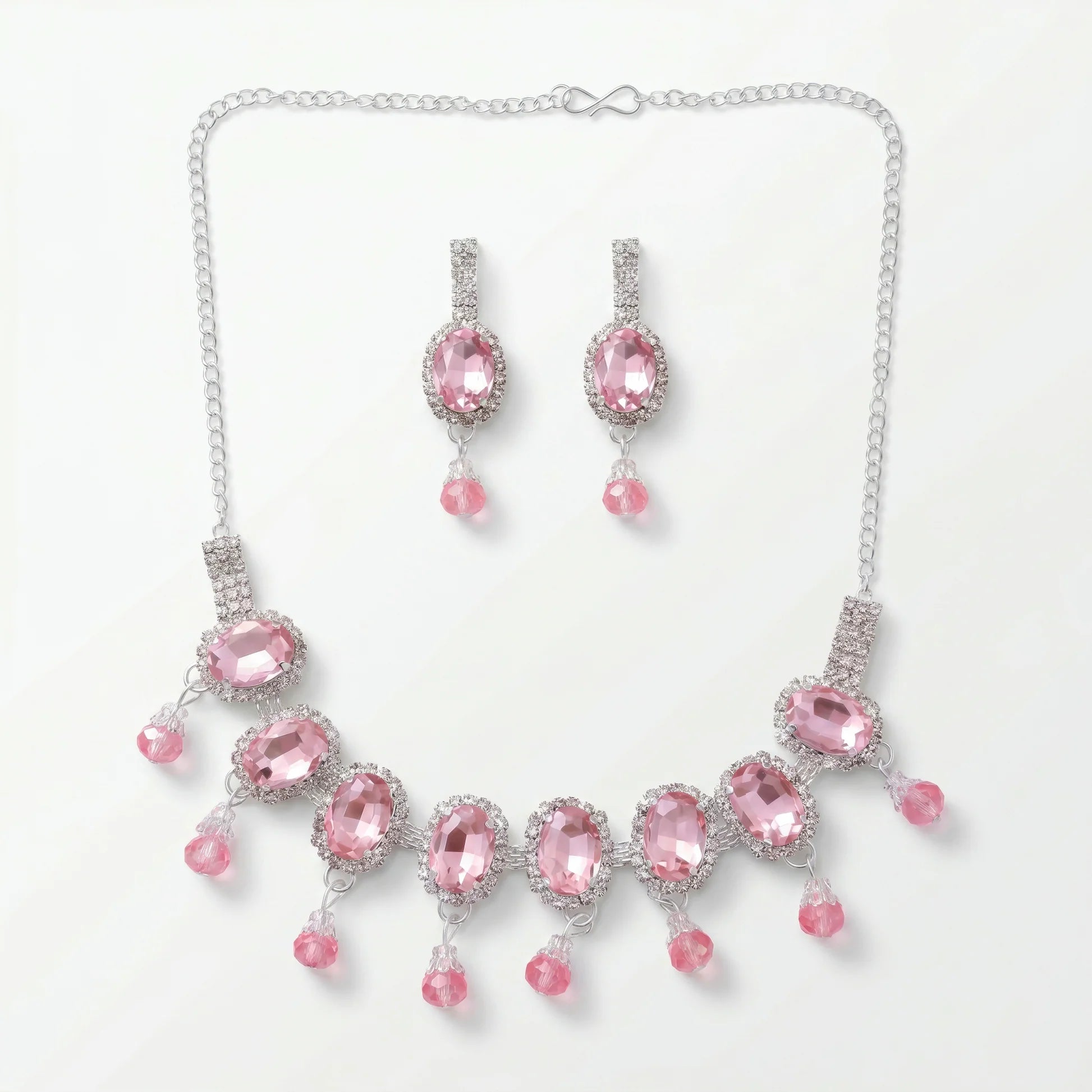AYMI Necklace Anti-Tarnish Oval Pink Gemstone Set With Earrings