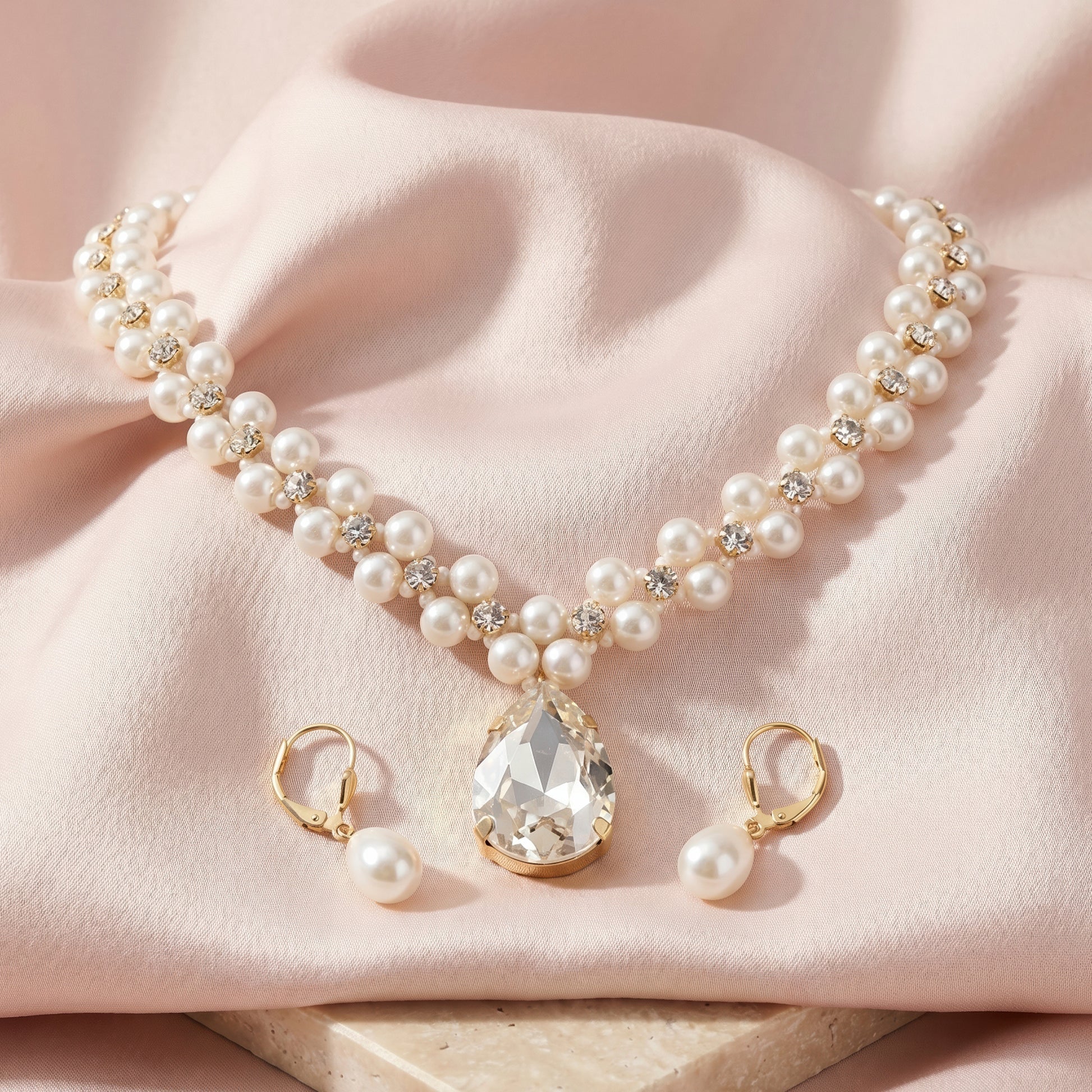 AYMI Necklace Anti-Tarnish Pearls & Crystal Set With Earrings