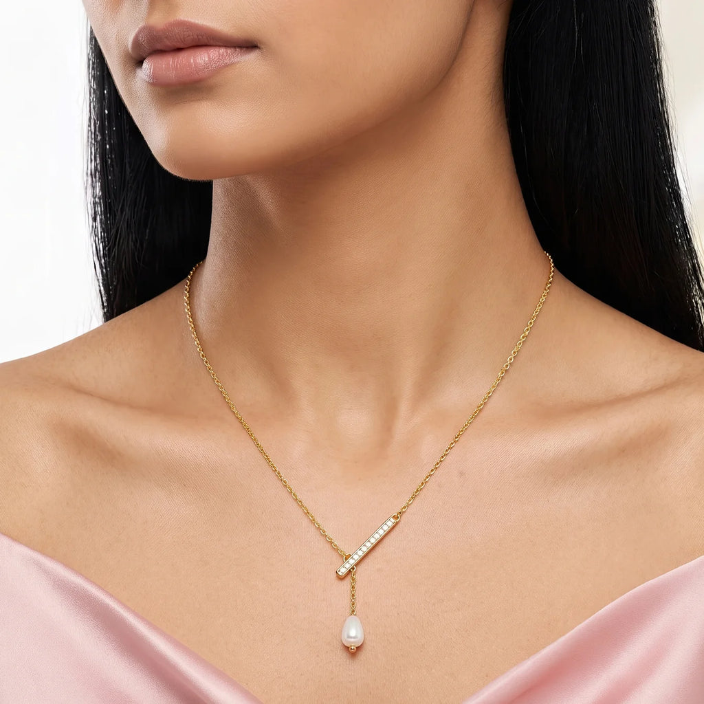 AYMI Necklace Anti-Tarnish Baroque Pearl Bar Chain