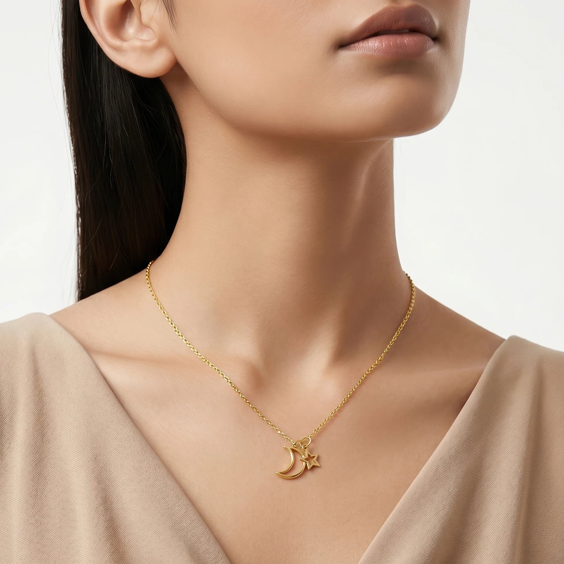 AYMI Necklace Anti-Tarnish Hollow Moon And Star Charms Minimalist