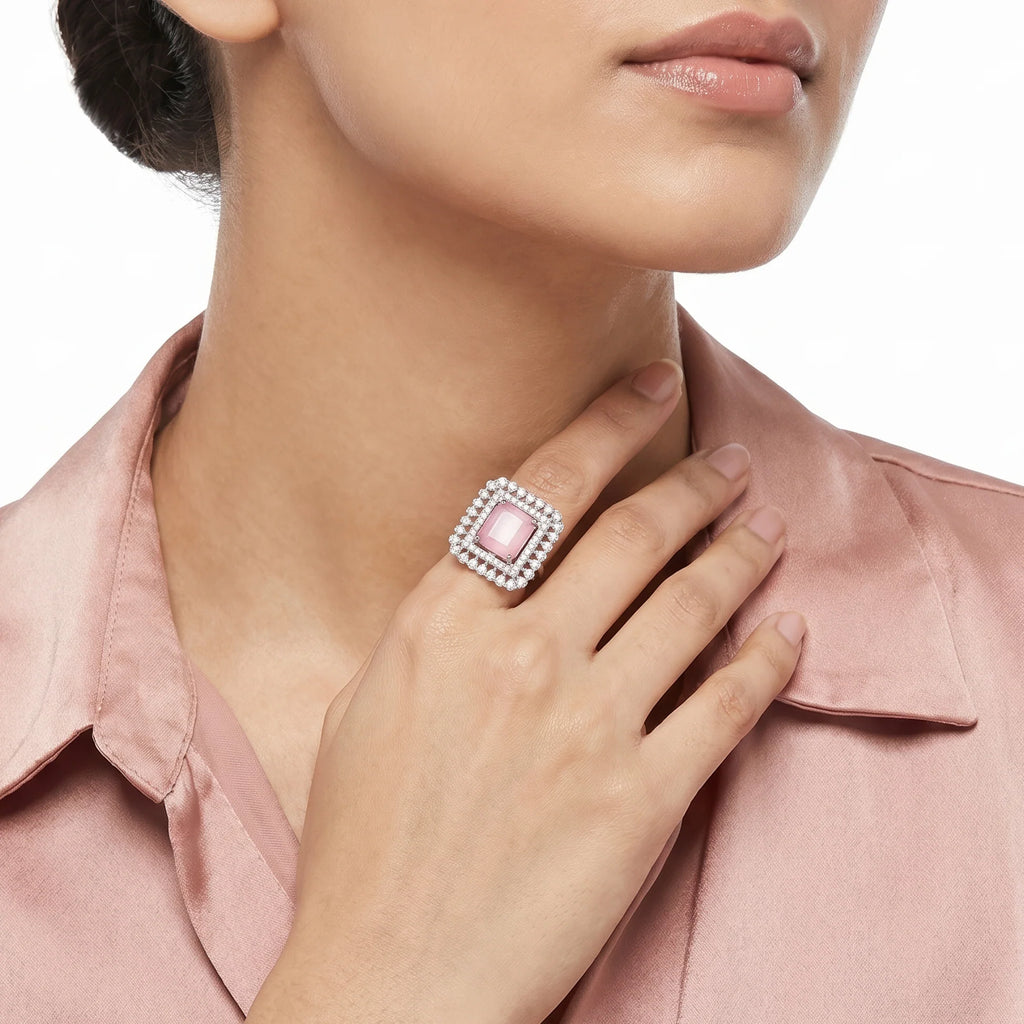 AYMI Ring Anti-Tarnish Pink Crystal Square (Adjustable Size)