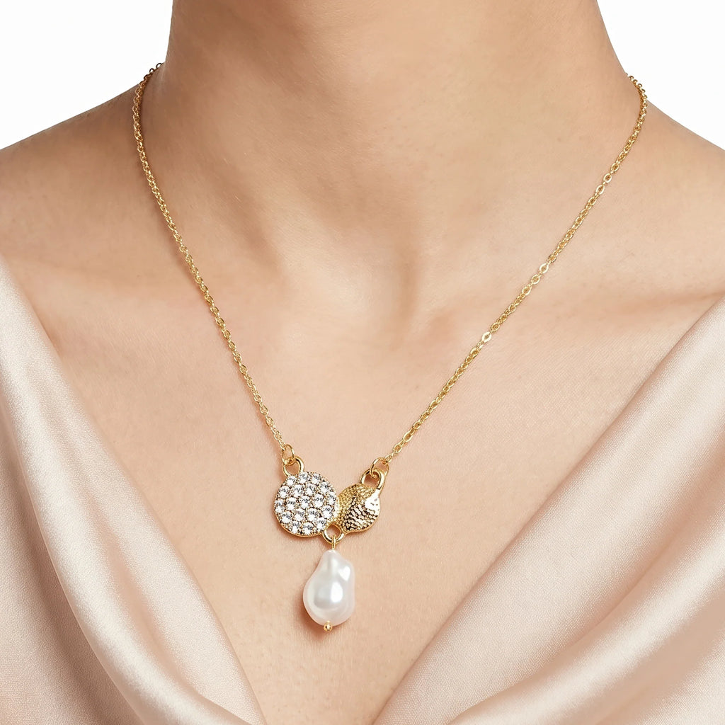 AYMI Necklace Anti-Tarnish Pavé Disc & Drop Pearl