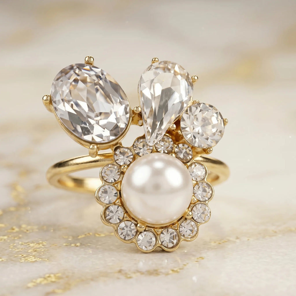 AYMI Ring Anti-Tarnish Pearl Halo Cluster (Adjustable Size)