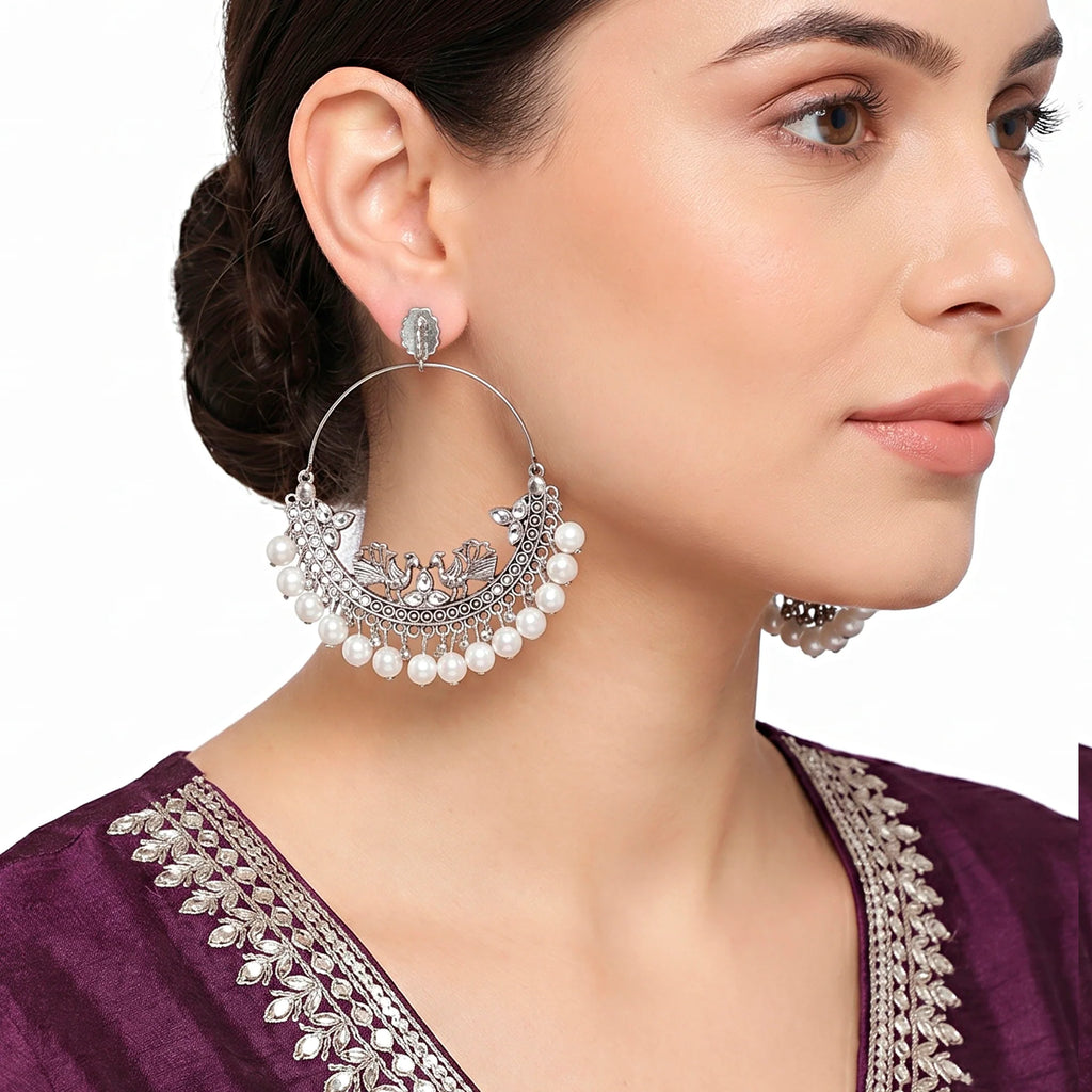 AYMI Earrings Anti-Tarnish Ornate Hoops Crescent Peacock Crystal Pearls
