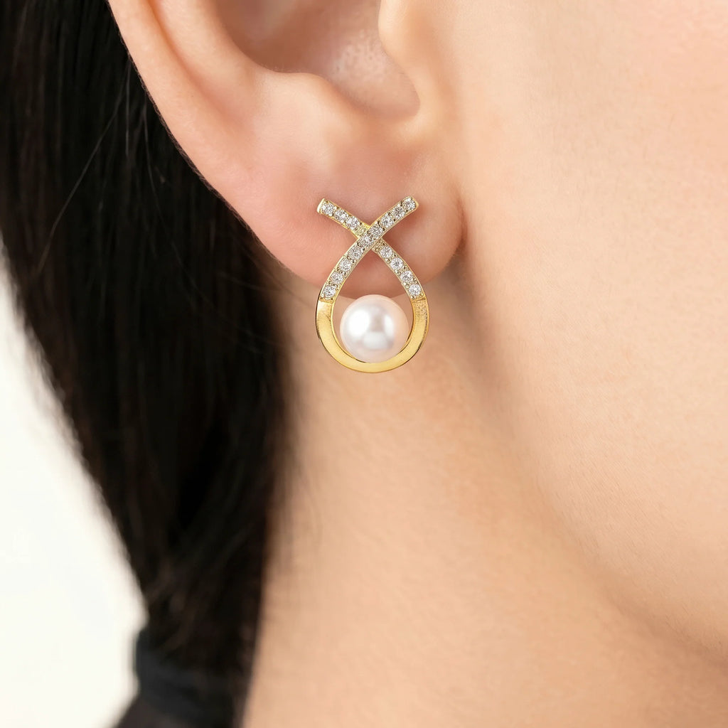 AYMI Earrings Anti-Tarnish Ribbon Crystal Pearl