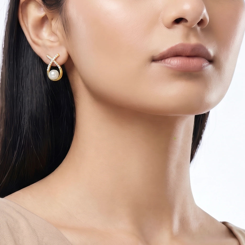 AYMI Earrings Anti-Tarnish Ribbon Crystal Pearl