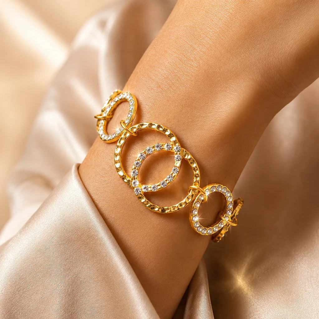 AYMI Bracelet Anti-Tarnish Gold Plated Inter-Linked AD Studded Circles (Adjustable Size)