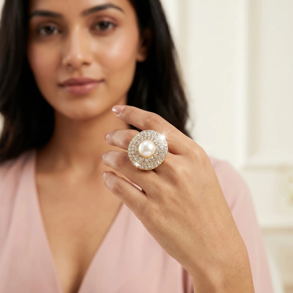 AYMI Ring Anti-Tarnish Cocktail With Pearl And Rhinestones (Adjustable Size)