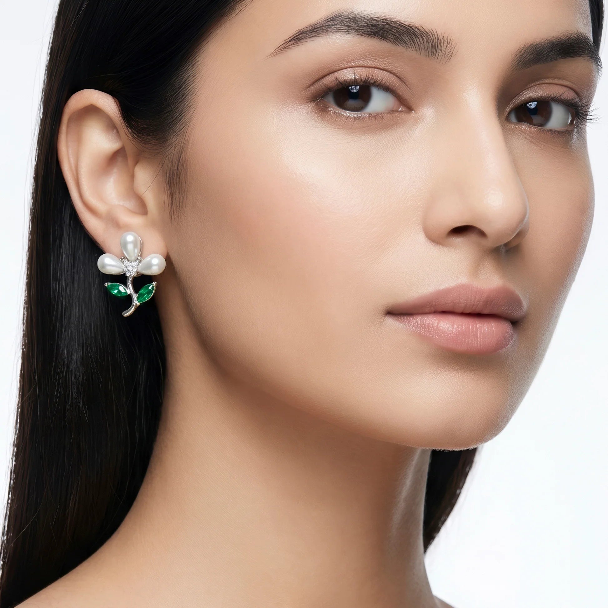 AYMI Earrings Anti-Tarnish Floral With Green Crystal Accents