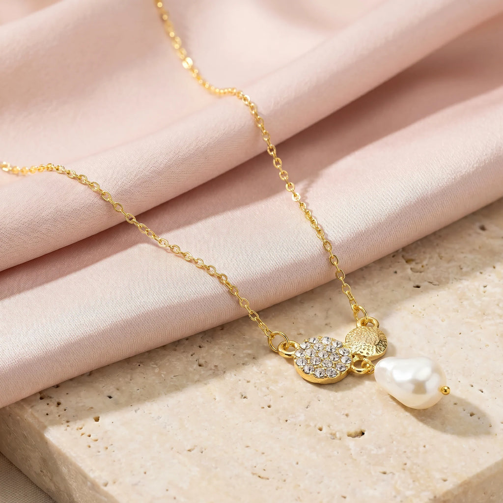 AYMI Necklace Anti-Tarnish Pavé Disc & Drop Pearl