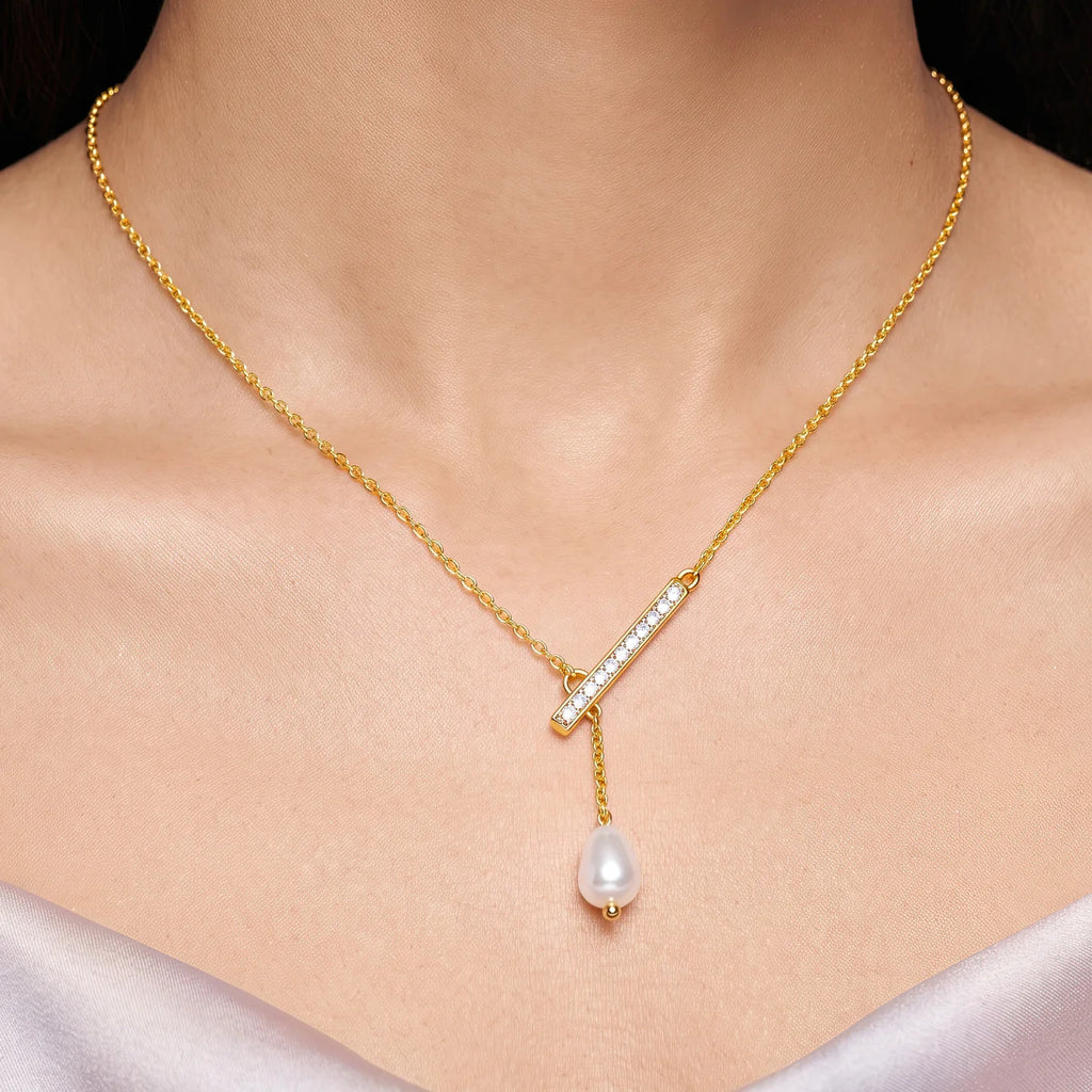 AYMI Necklace Anti-Tarnish Baroque Pearl Bar Chain