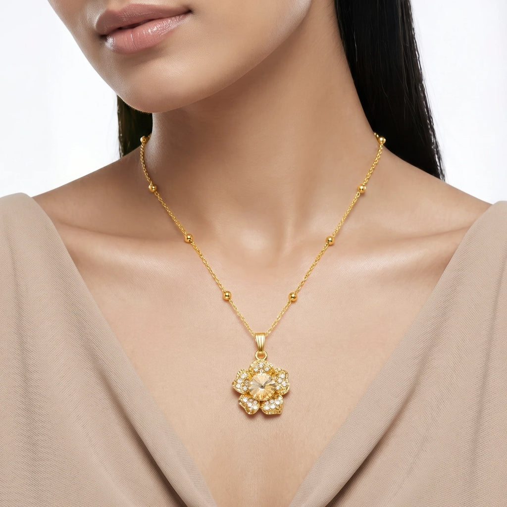 AYMI Necklace Anti-Tarnish Champagne Crystal Flower Minimalist Pendant