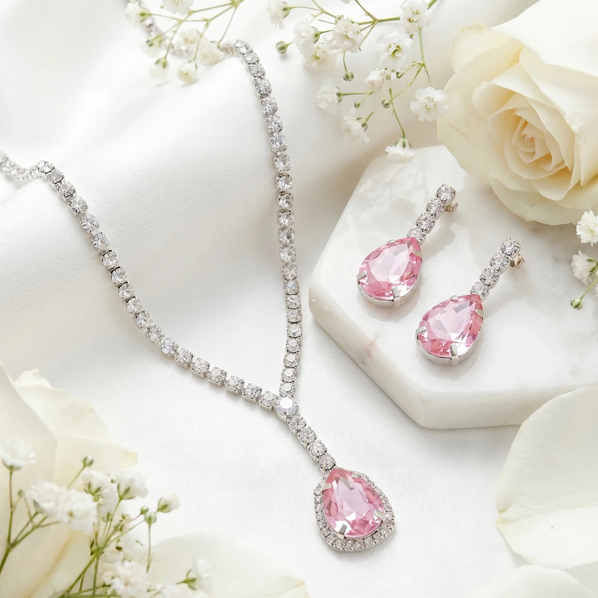 AYMI Necklace Anti-Tarnish Vintage Rose Teardrop Crystal Set With Earrings