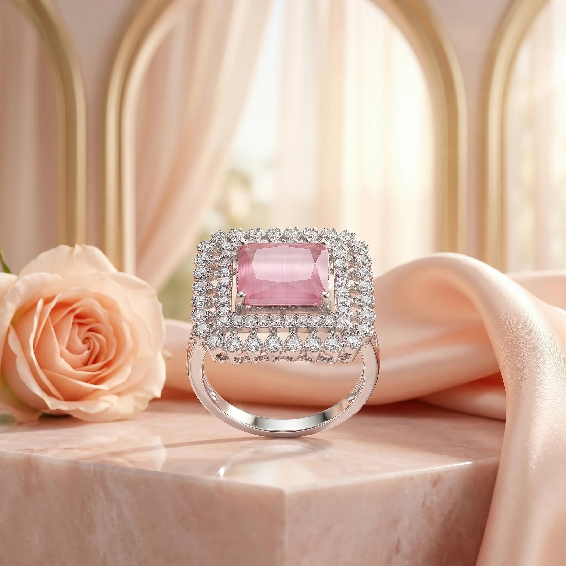 AYMI Ring Anti-Tarnish Pink Crystal Square (Adjustable Size)