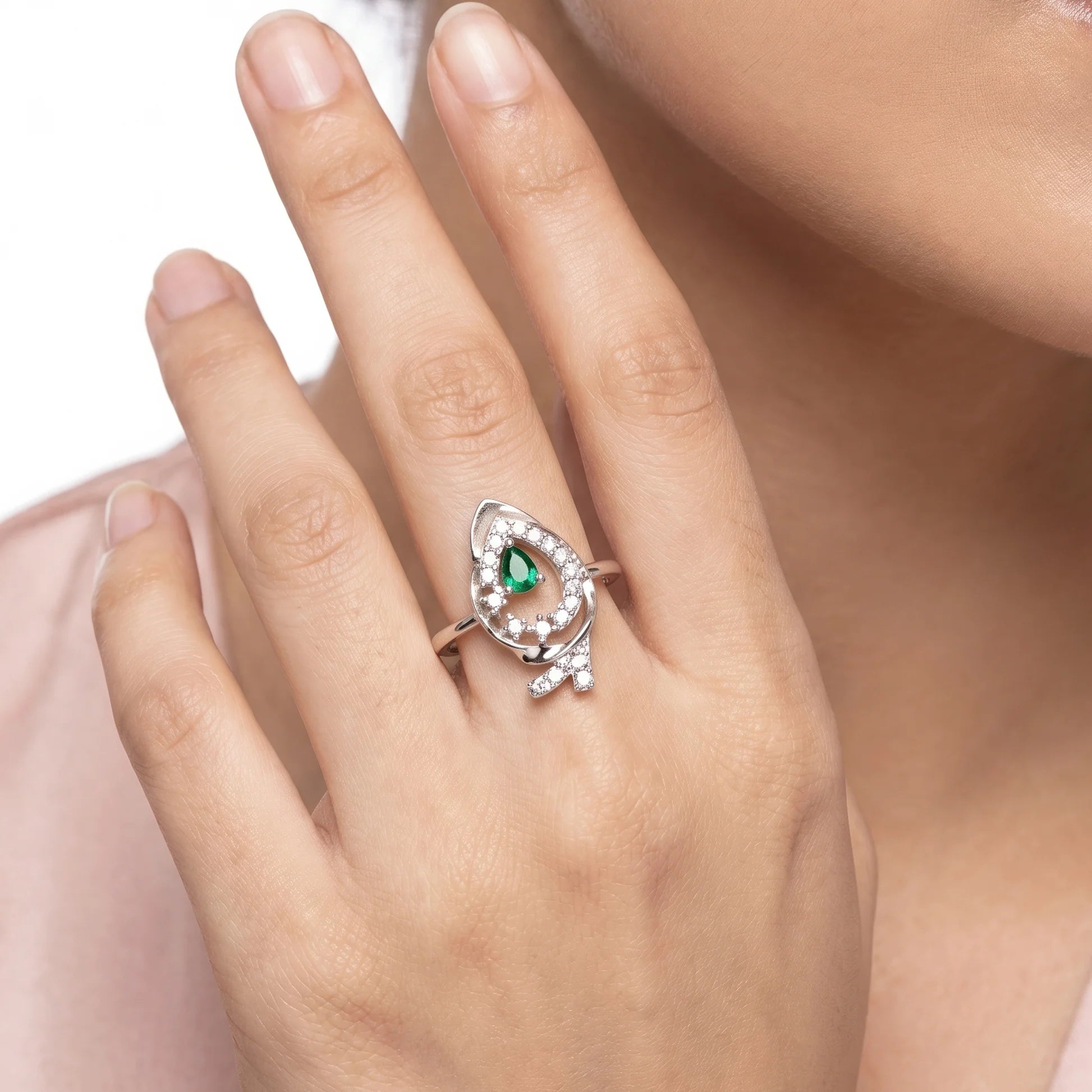 AYMI Ring Anti-Tarnish Teardrop Green Gemstone (Adjustable Size)