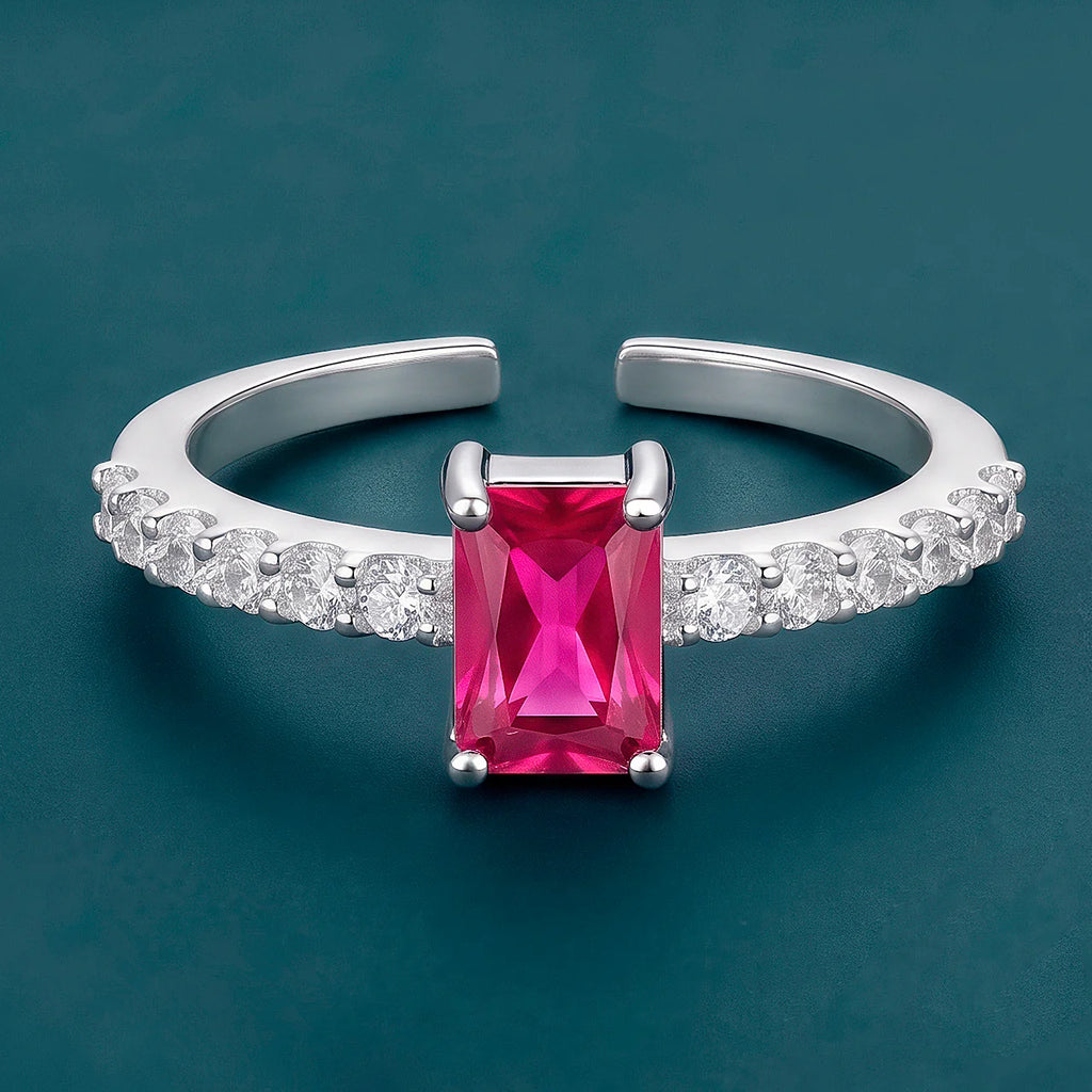 AYMI Ring Anti-Tarnish Emerald-Cut Ruby Pavé (Adjustable Size)