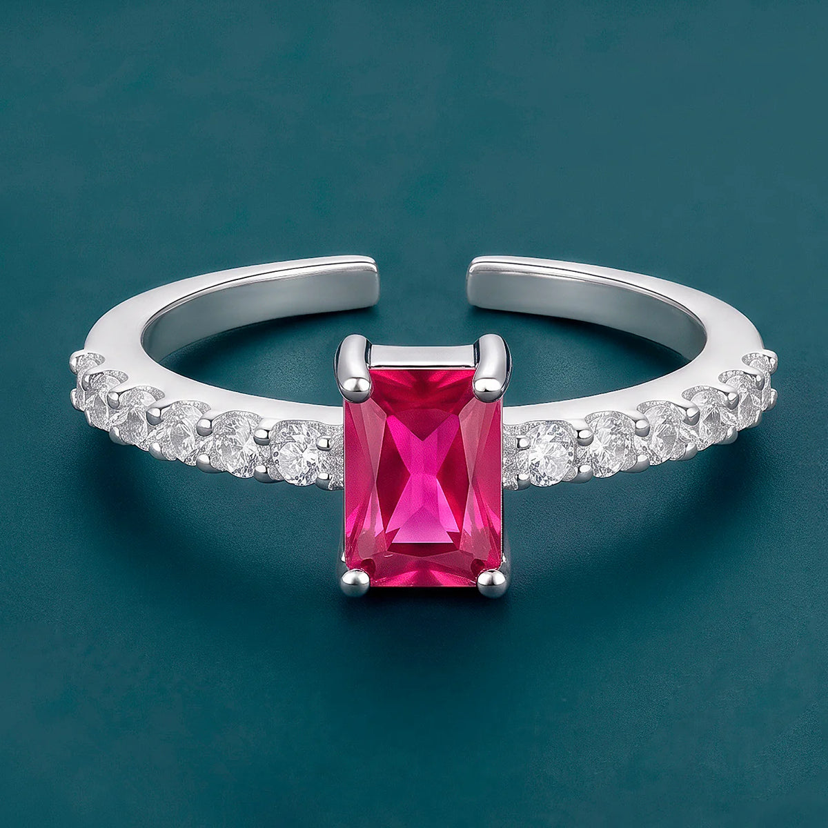 AYMI Ring Anti-Tarnish Emerald-Cut Ruby Pavé (Adjustable Size)