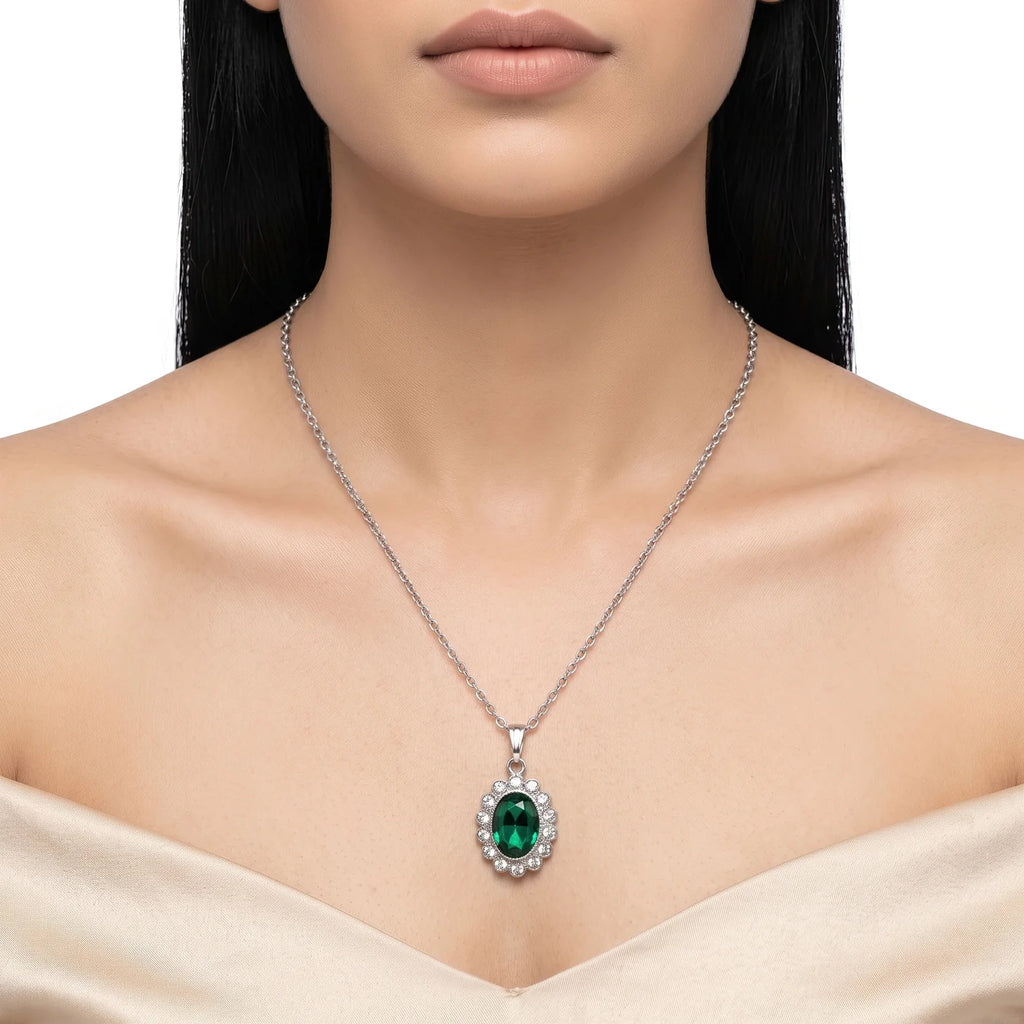 AYMI Necklace Anti-Tarnish Emerald Halo Pendant