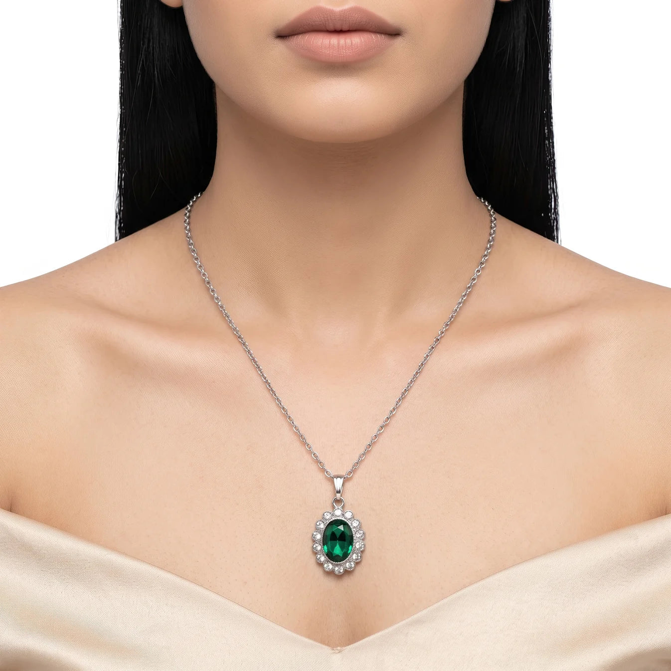 AYMI Necklace Anti-Tarnish Emerald Halo Pendant