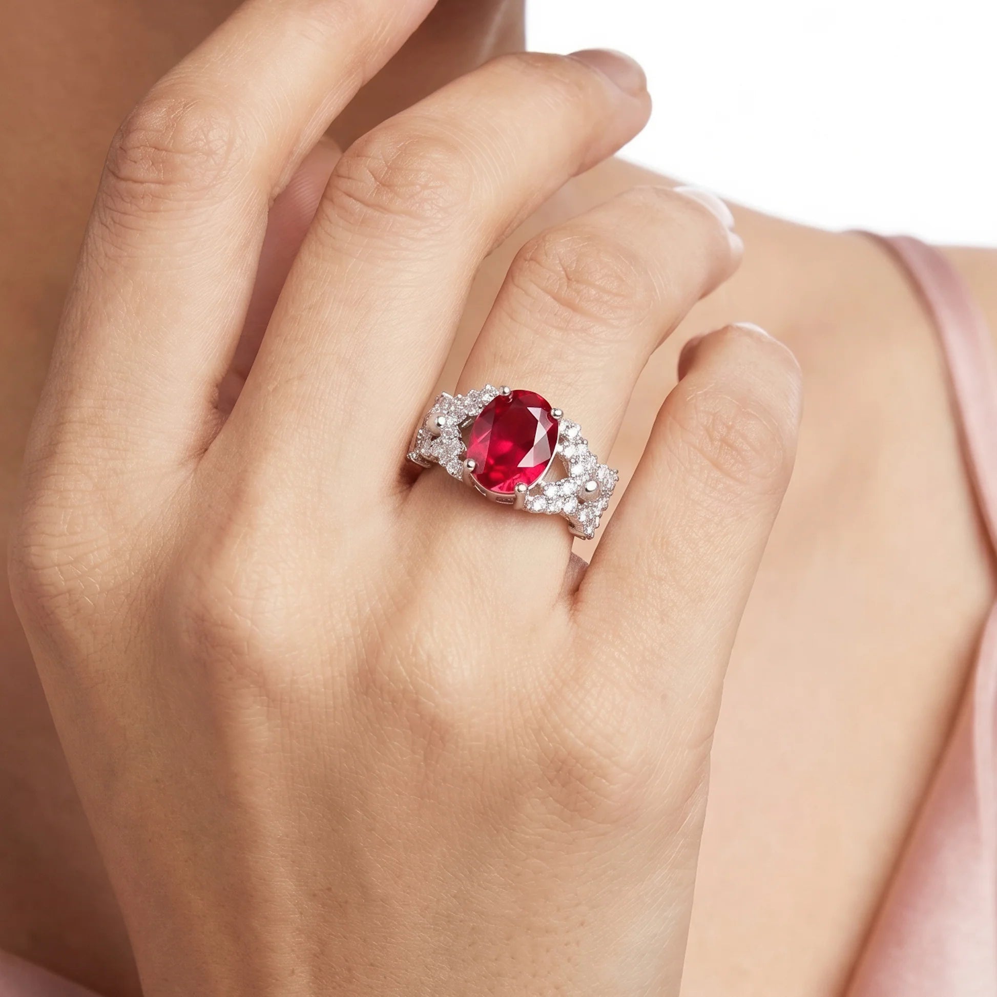 AYMI Ring Anti-Tarnish Ruby Oval Crystal (Adjustable Size)