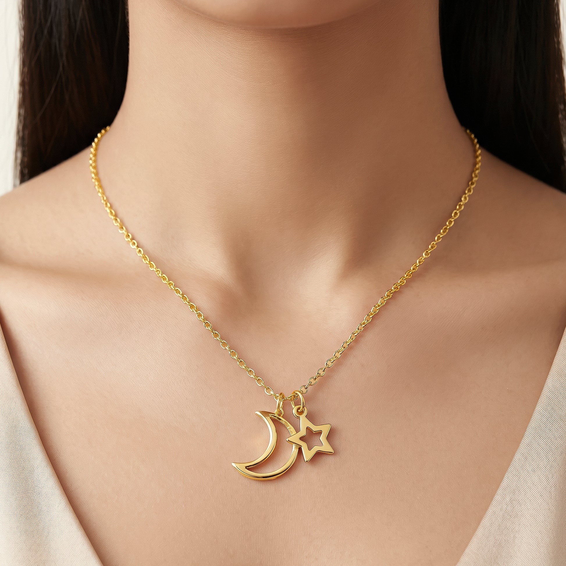 AYMI Necklace Anti-Tarnish Hollow Moon And Star Charms Minimalist