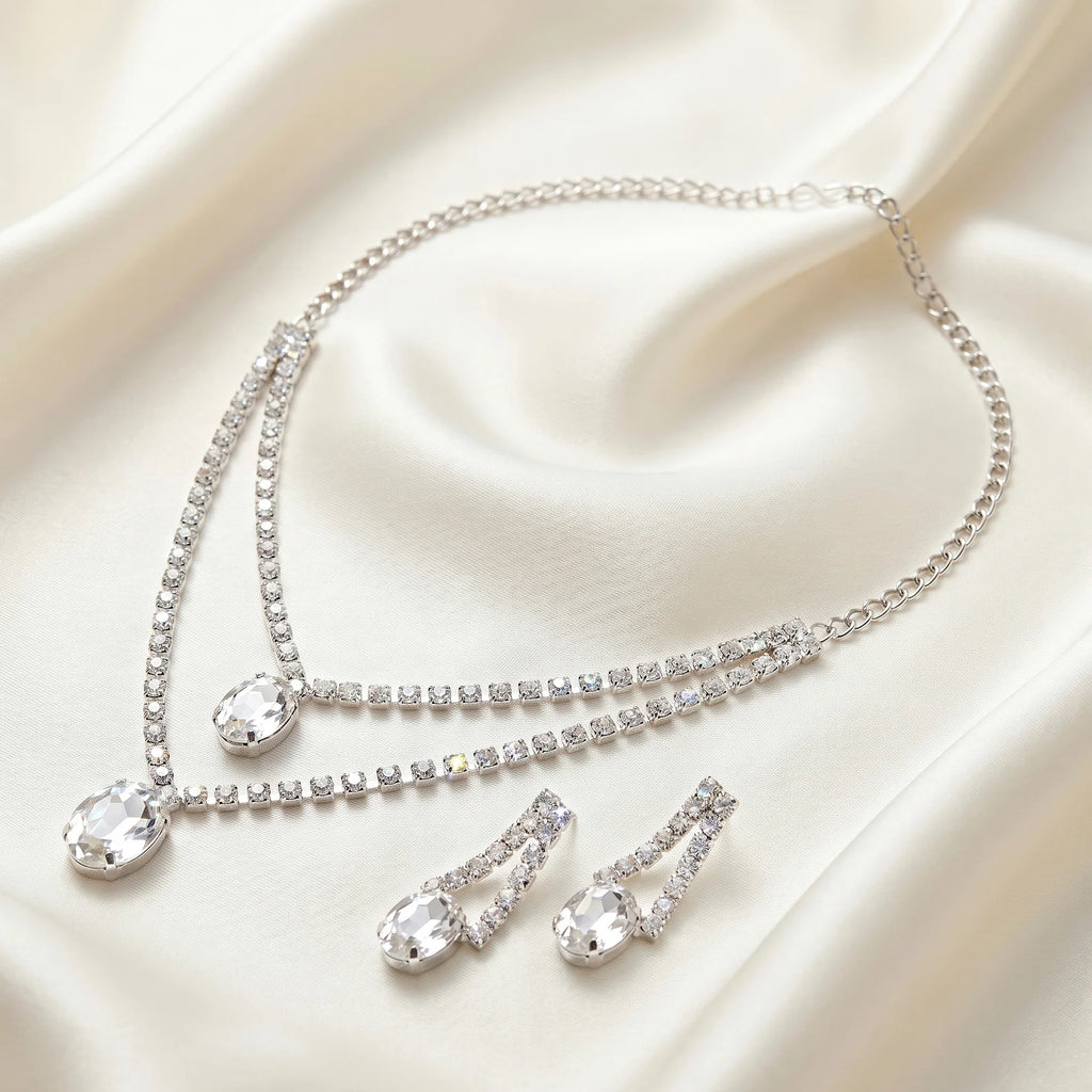 AYMI Necklace Anti-Tarnish Clear Oval Crystal Double-Layer Set With Earrings