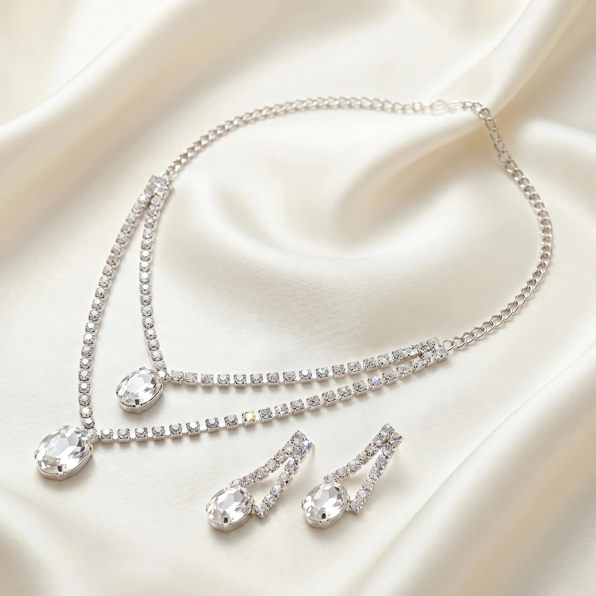 AYMI Necklace Anti-Tarnish Clear Oval Crystal Double-Layer Set With Earrings