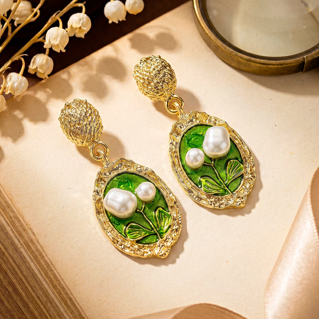 AYMI Earrings Anti-Tarnish Green Leaf Pearl Dangles