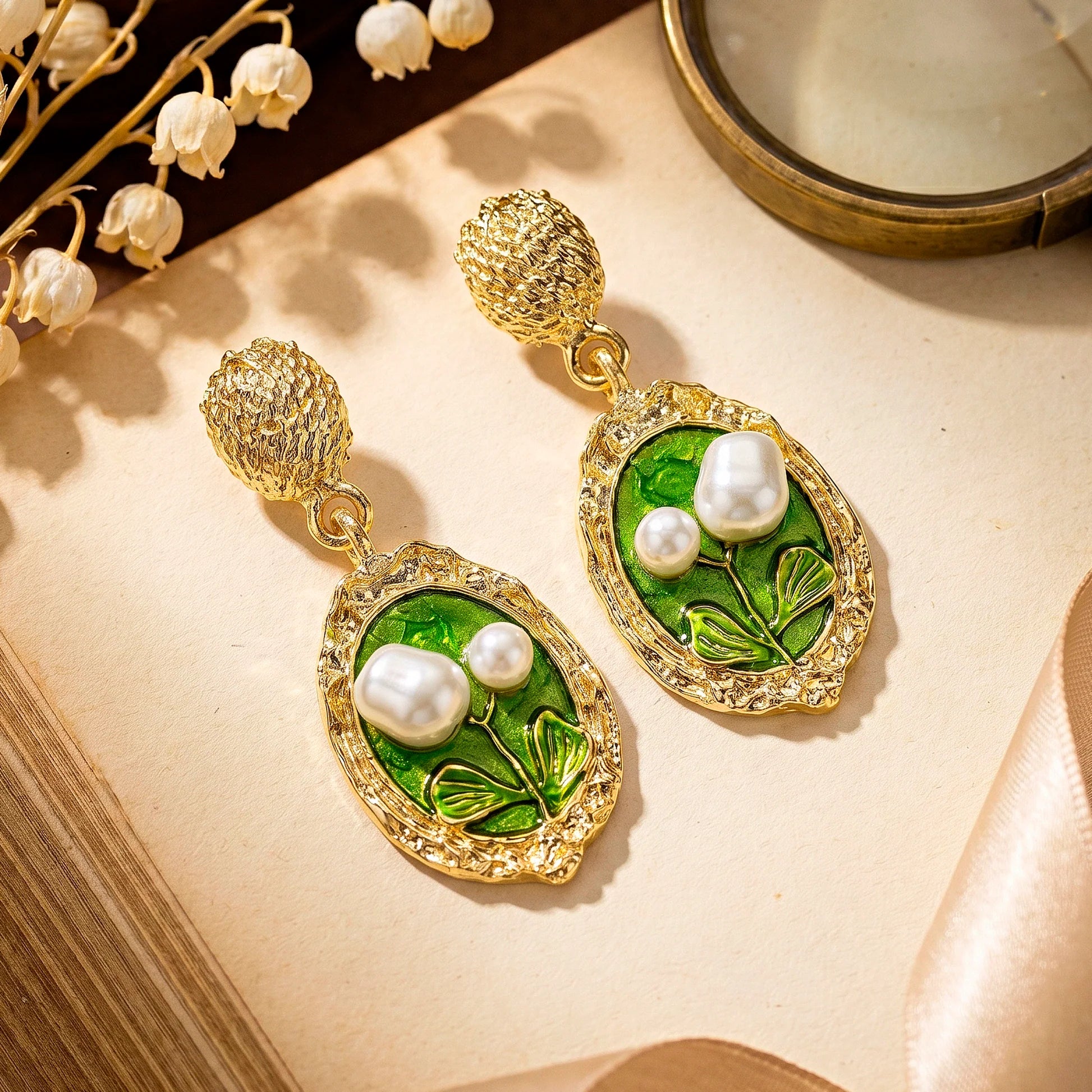 AYMI Earrings Anti-Tarnish Green Leaf Pearl Dangles