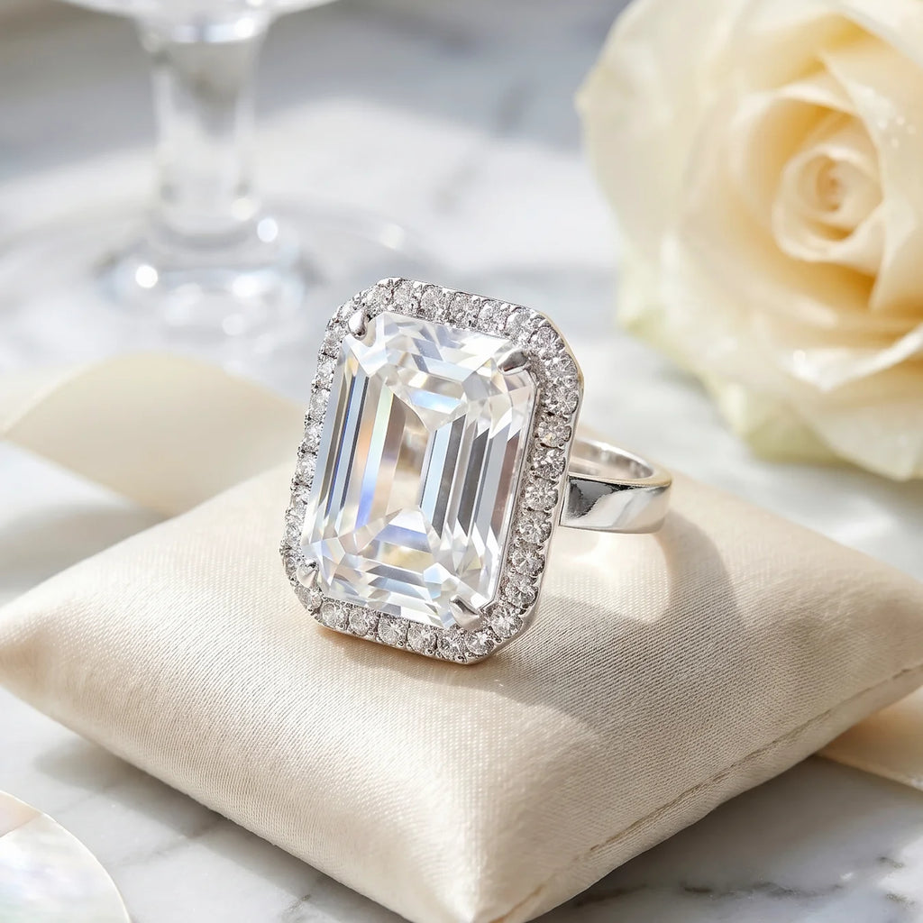 AYMI Ring Anti-Tarnish Emerald Cut Crystal Halo (Adjustable Size)