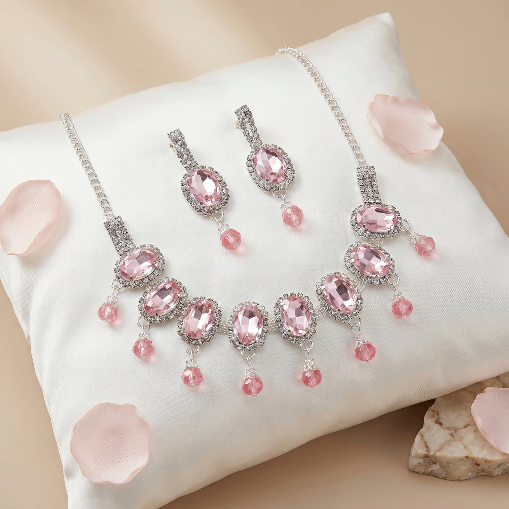 AYMI Necklace Anti-Tarnish Oval Pink Gemstone Set With Earrings