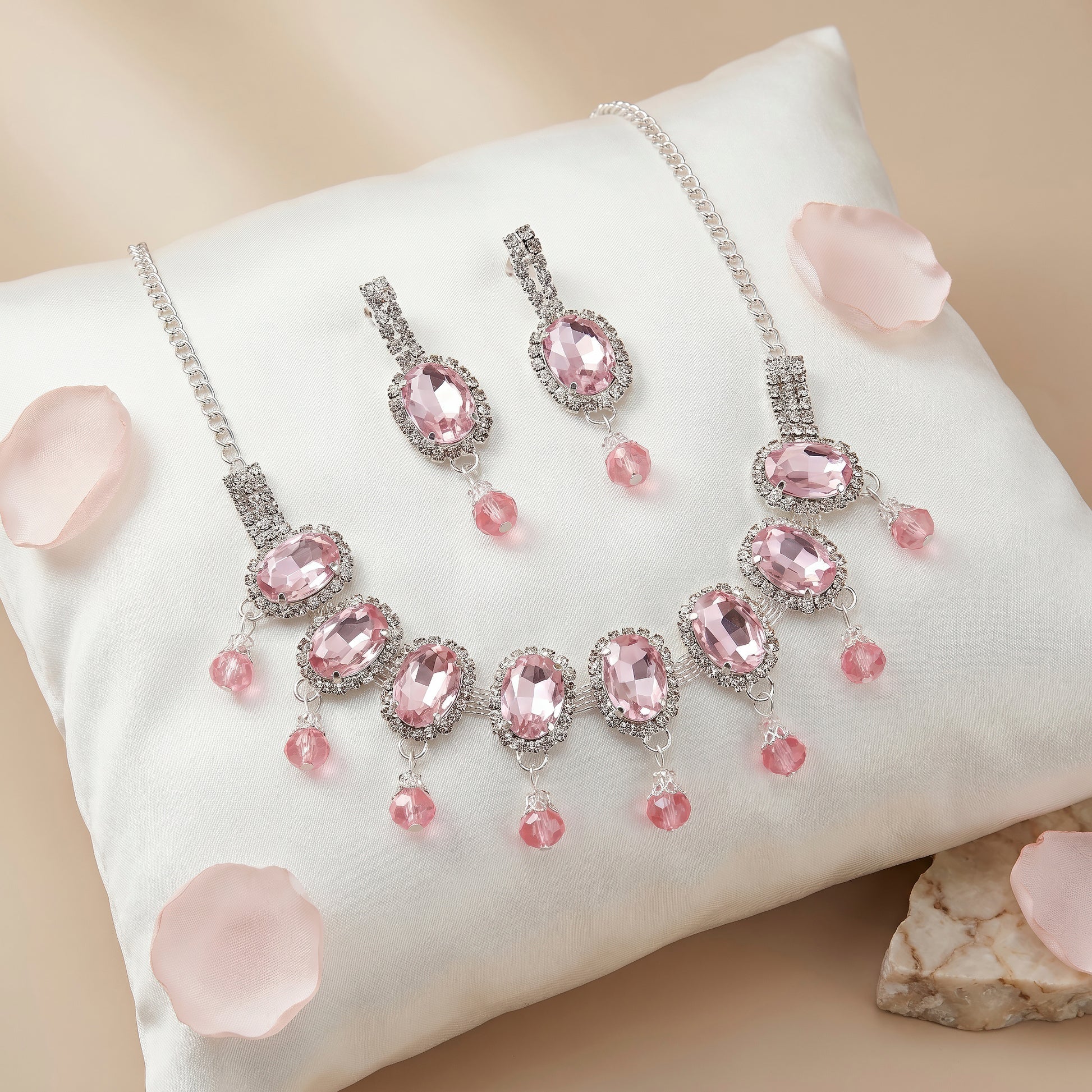 AYMI Necklace Anti-Tarnish Oval Pink Gemstone Set With Earrings