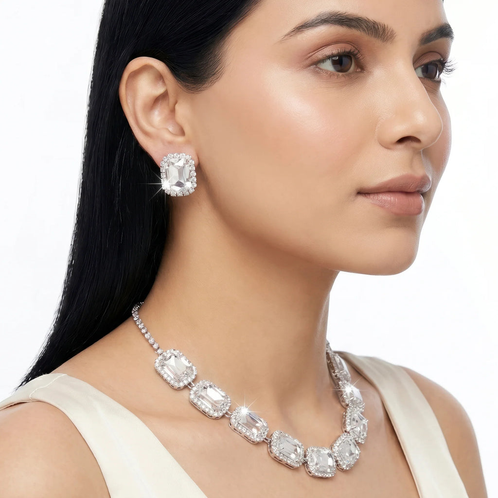 AYMI Necklace Anti-Tarnish Single-Line Rectangle Crystal Set With Earrings
