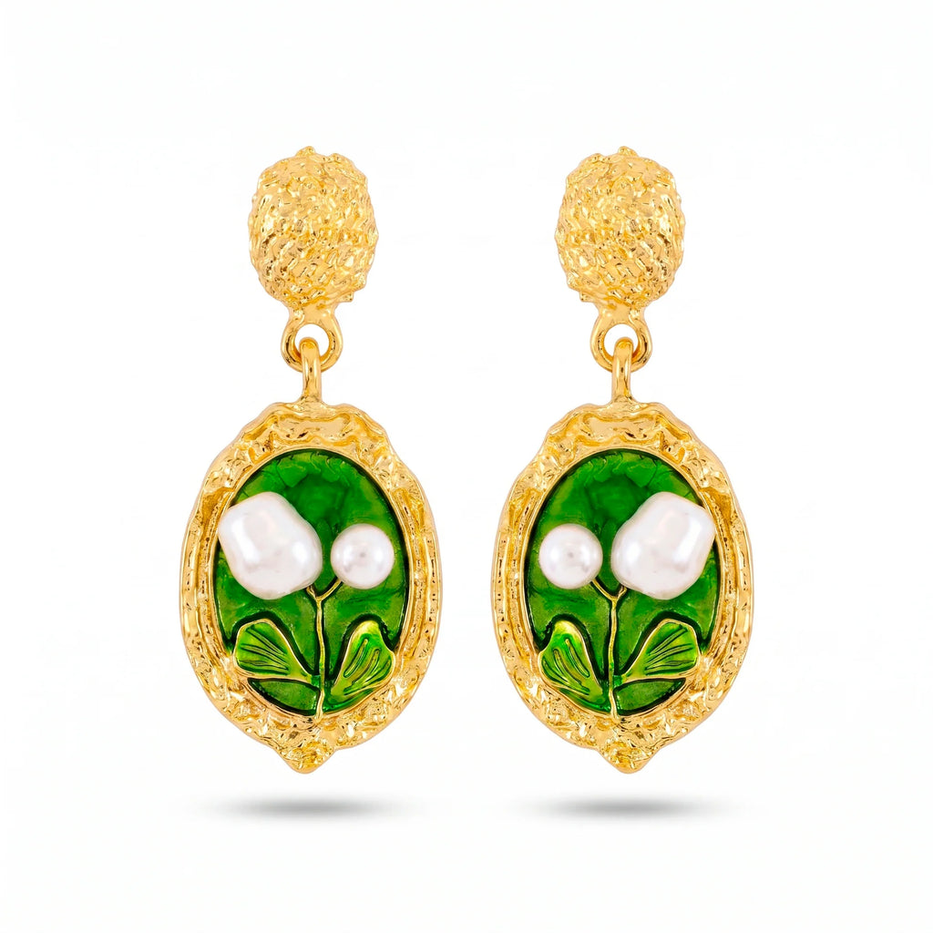 AYMI Earrings Anti-Tarnish Green Leaf Pearl Dangles