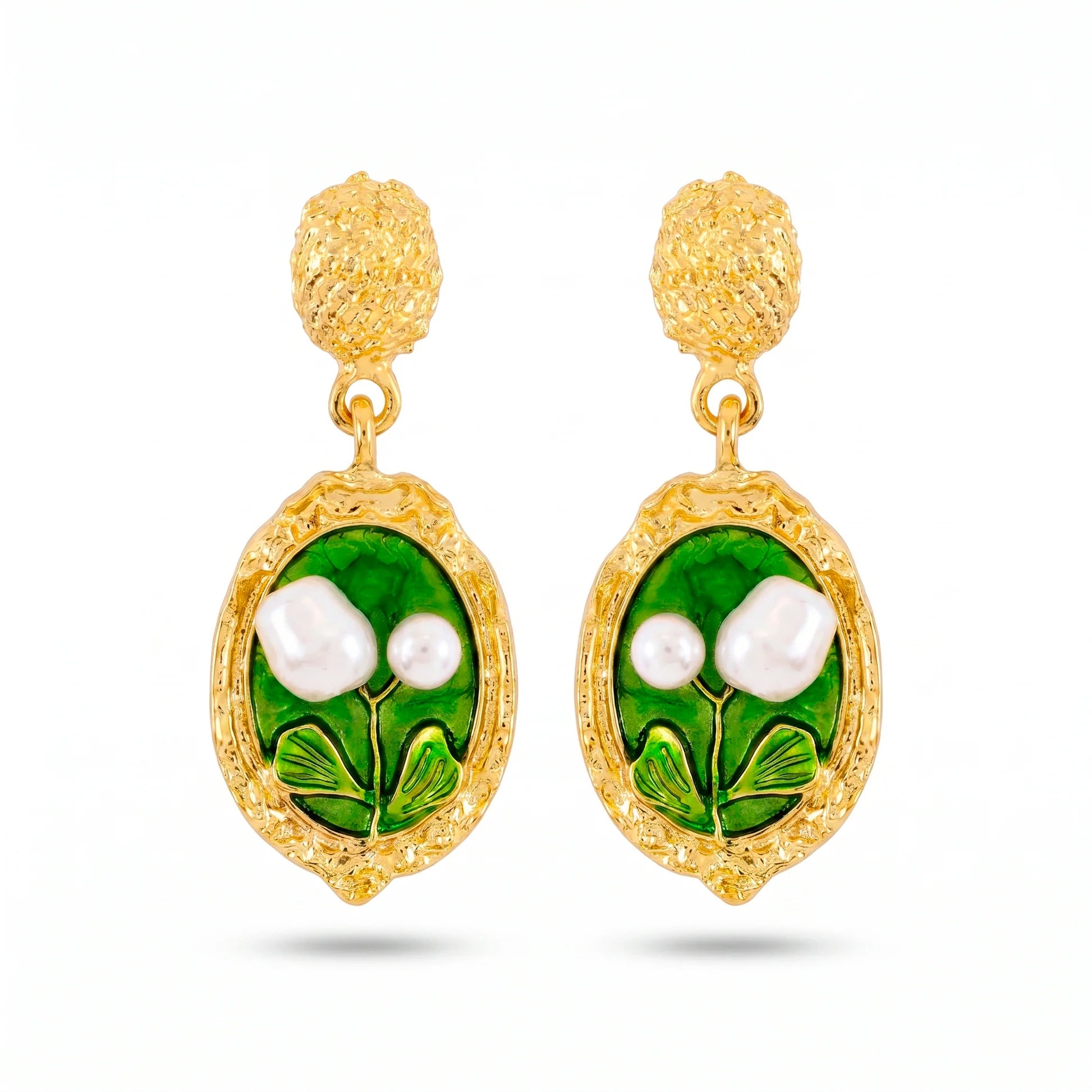 AYMI Earrings Anti-Tarnish Green Leaf Pearl Dangles