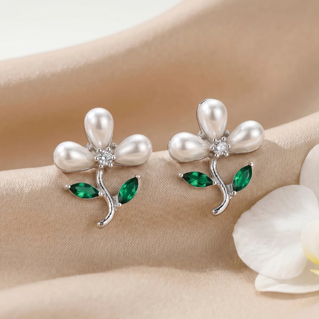 AYMI Earrings Anti-Tarnish Floral With Green Crystal Accents