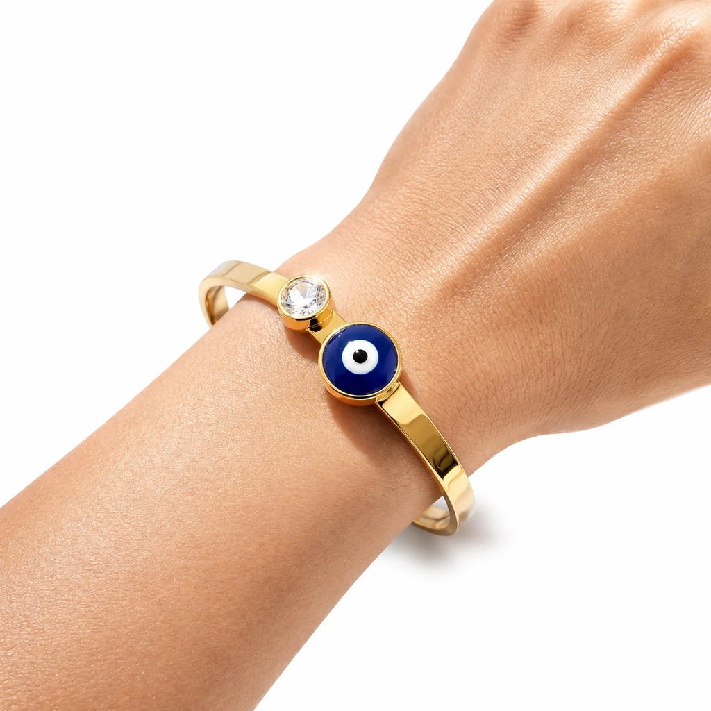 AYMI Bracelet Anti-Tarnish Gold Plated Evil Eye Bangle (Adjustable Size)