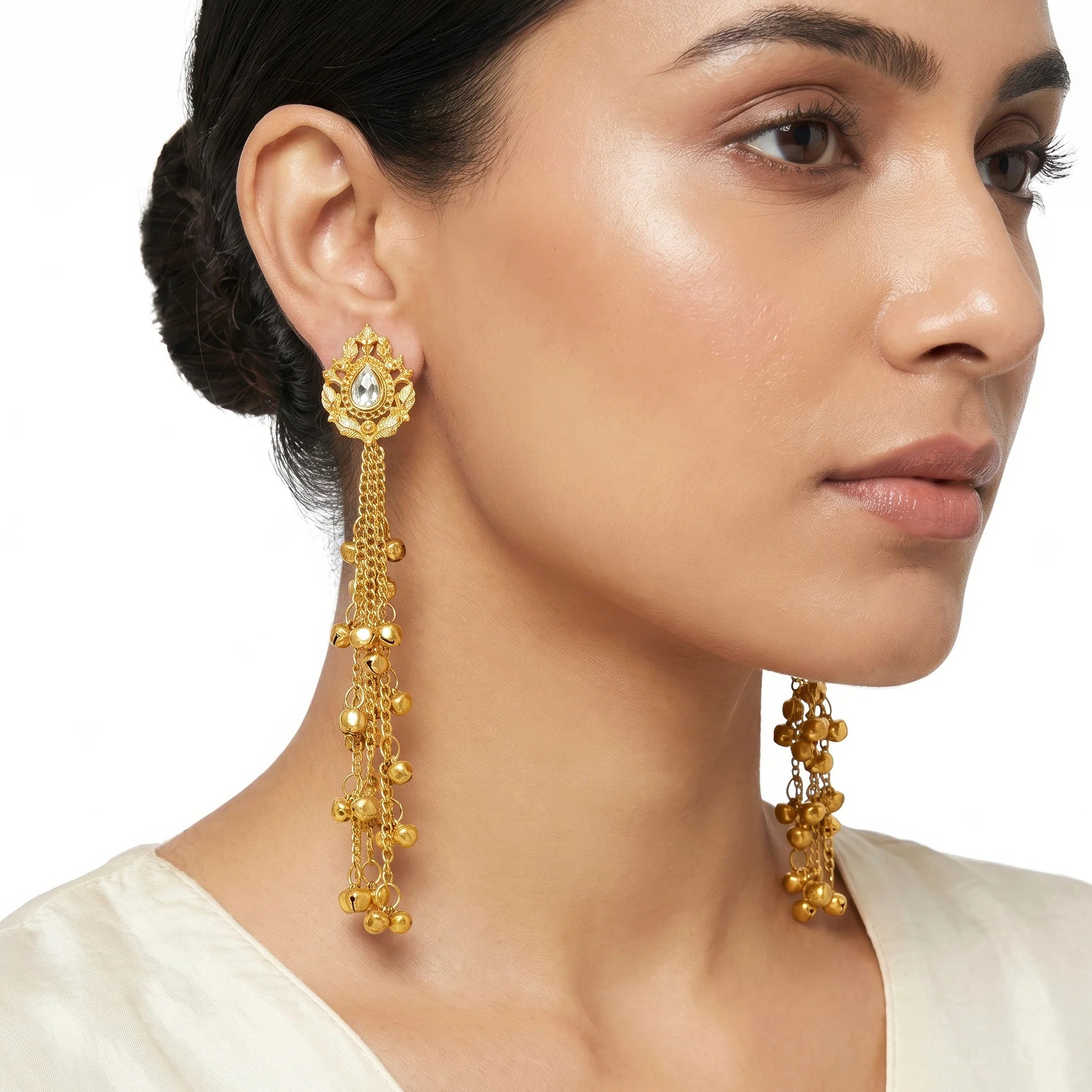 AYMI Earrings Anti-Tarnish Extra-Long Kashmiri Leafy Crystal Tops