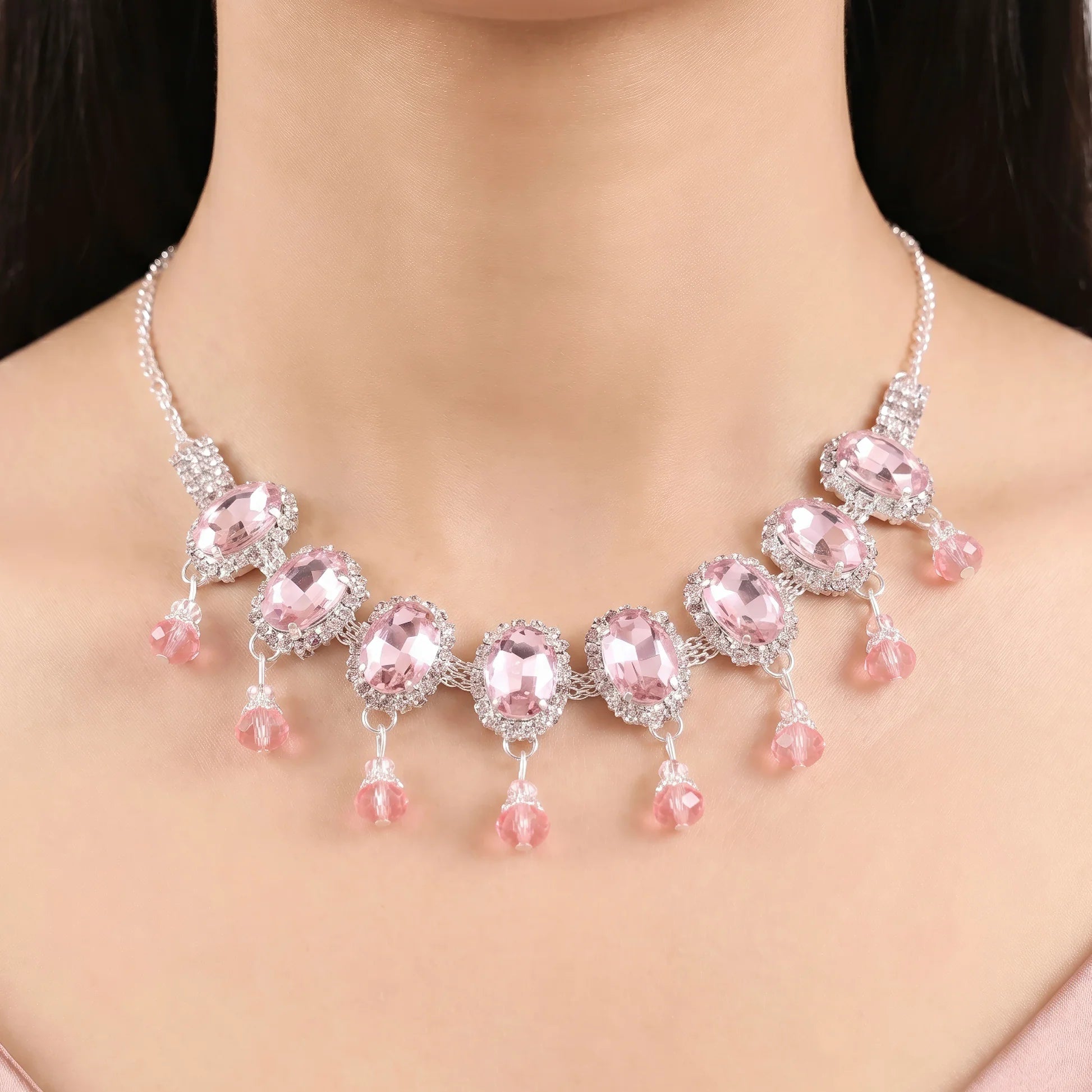 AYMI Necklace Anti-Tarnish Oval Pink Gemstone Set With Earrings
