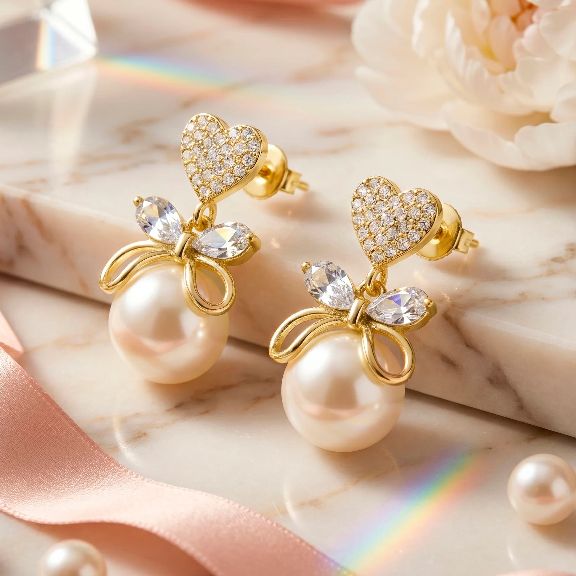 AYMI Earrings Anti-Tarnish Heart Bow Faux Pearl Studs
