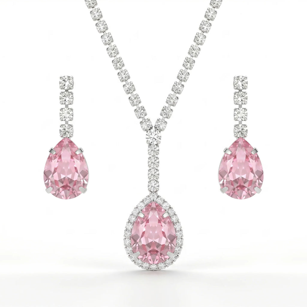 AYMI Necklace Anti-Tarnish Vintage Rose Teardrop Crystal Set With Earrings